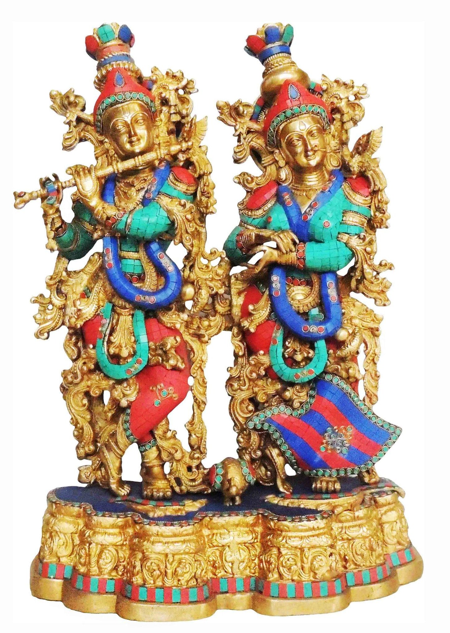 Brass Radha Krishna Same Base Big Stone