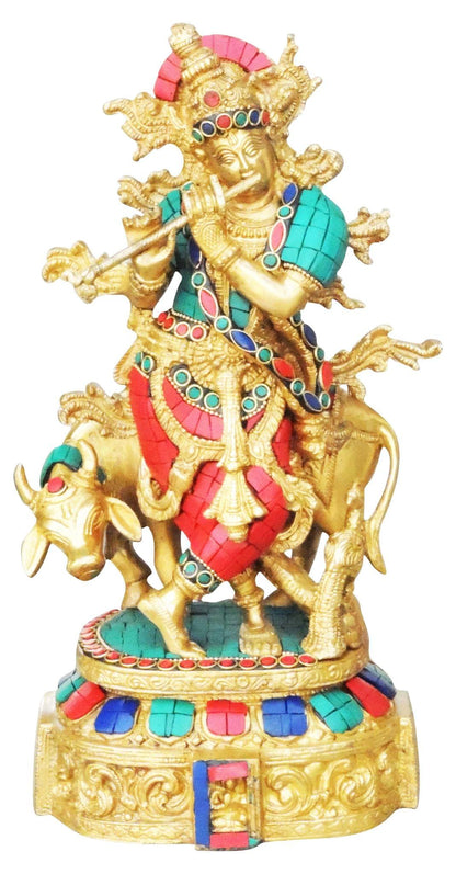 Brass Cow Krishna Stone Idol