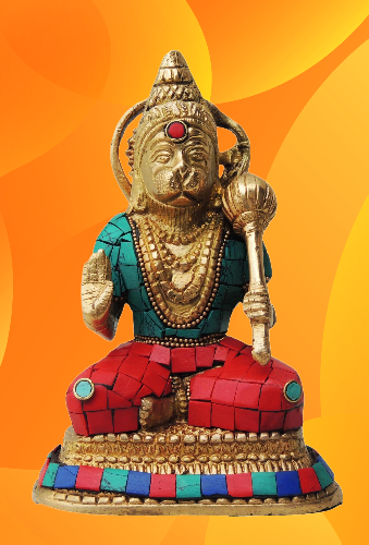 Brass Hanuman With Turquoise Coral Statue