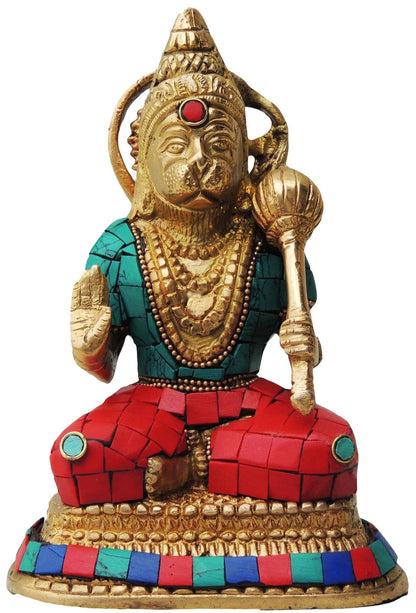 Brass Hanuman With Turquoise Coral Statue