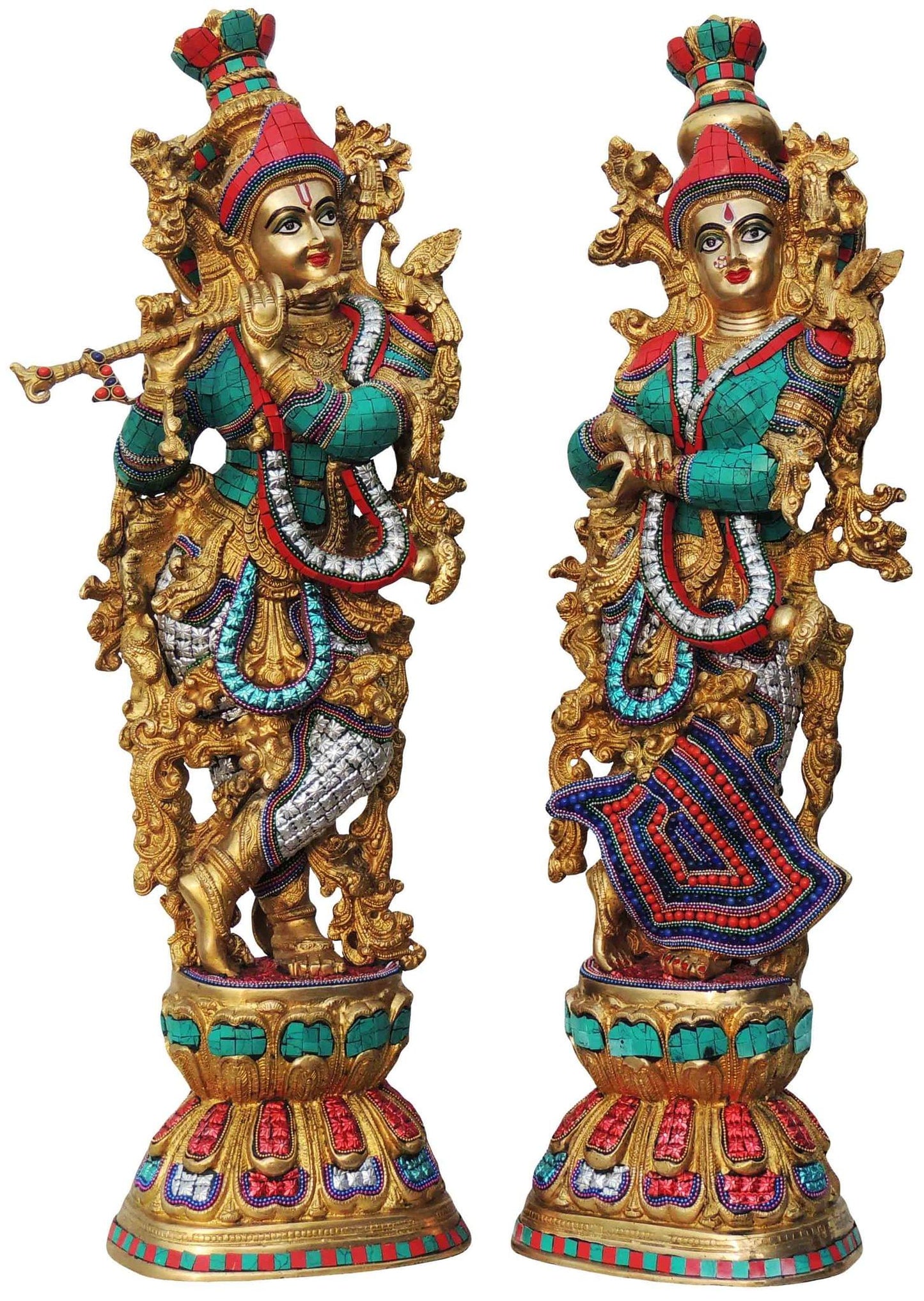 Brass Radha Krishna Pair Statue With Coral