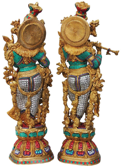 Brass Radha Krishna Pair Statue With Coral