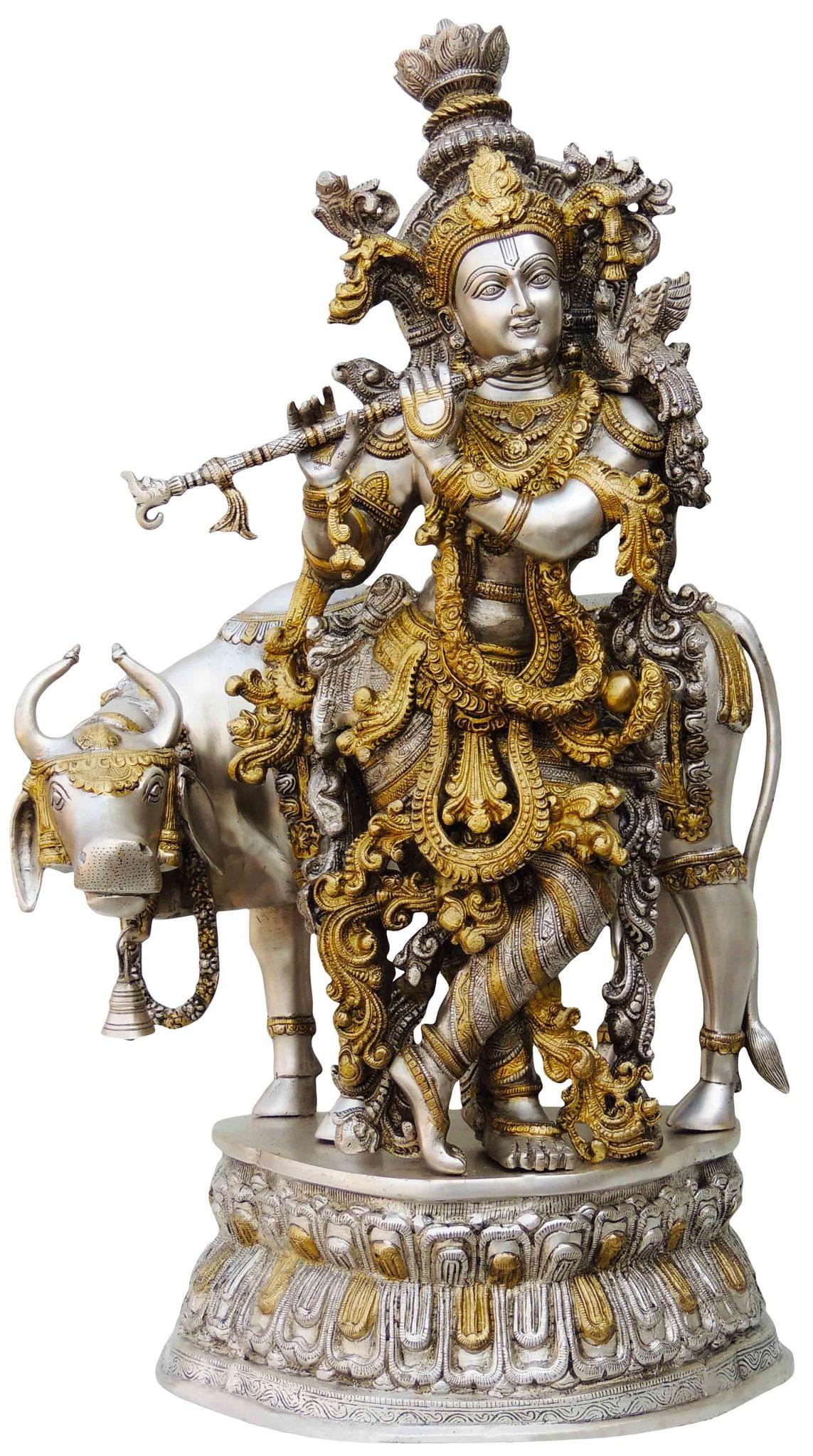 Brass Krishna With Cow Idol