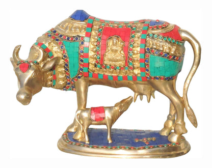 Brass Cow With Calf Stone Statue