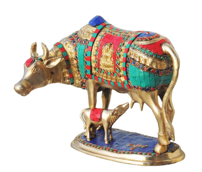 Brass Cow With Calf Stone Statue