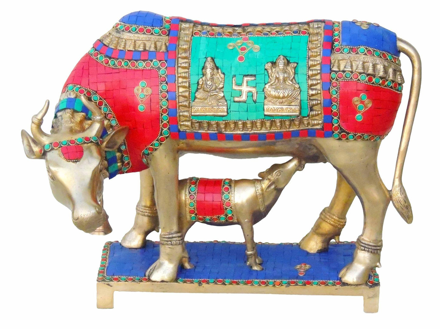 Brass Cow With Calf Stone Statue