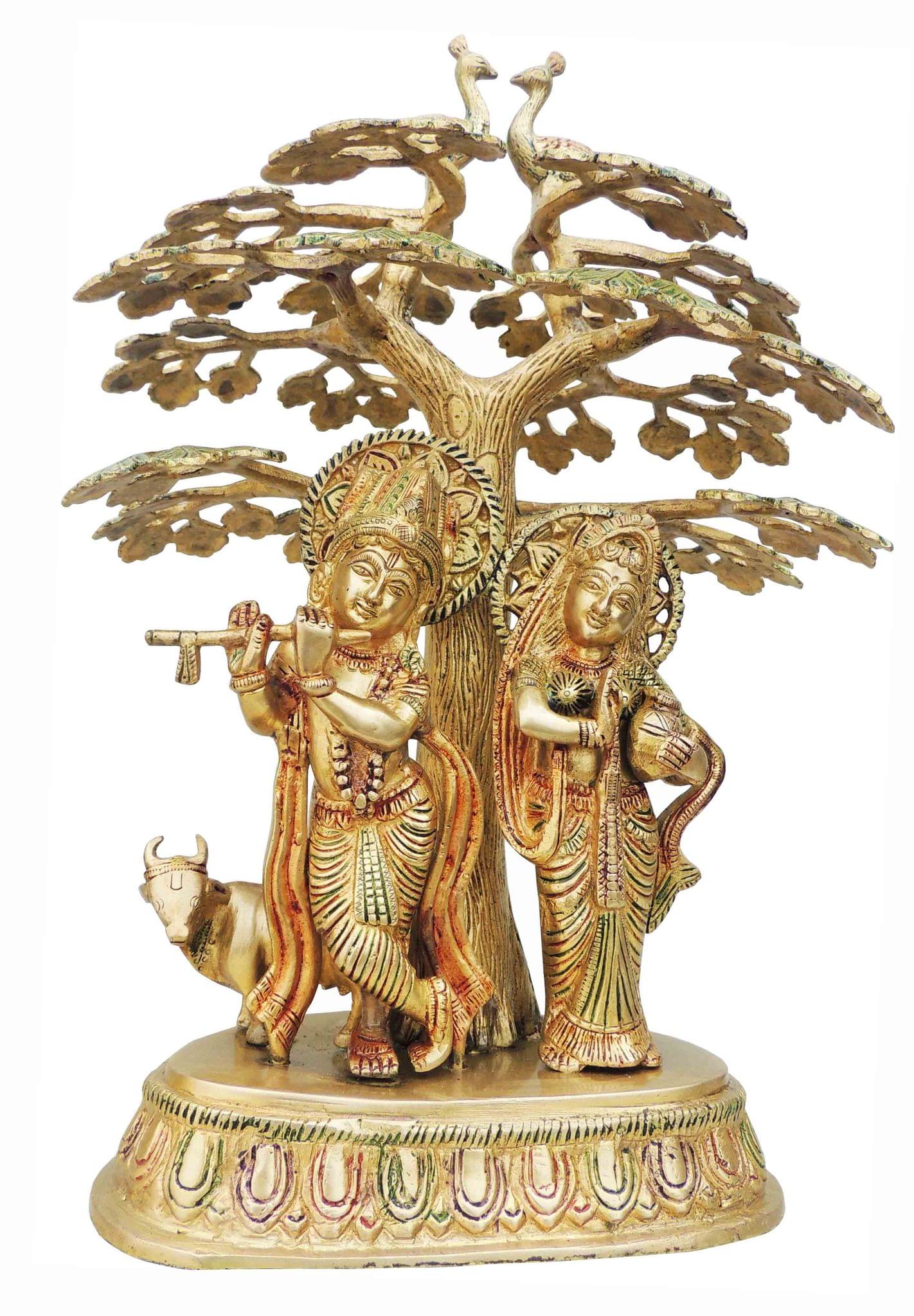 Brass Tree Radha Krishna With Cow Statue