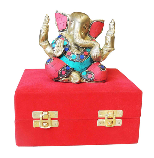 Brass Ganesh Ji Stone Statue With Velvet Box