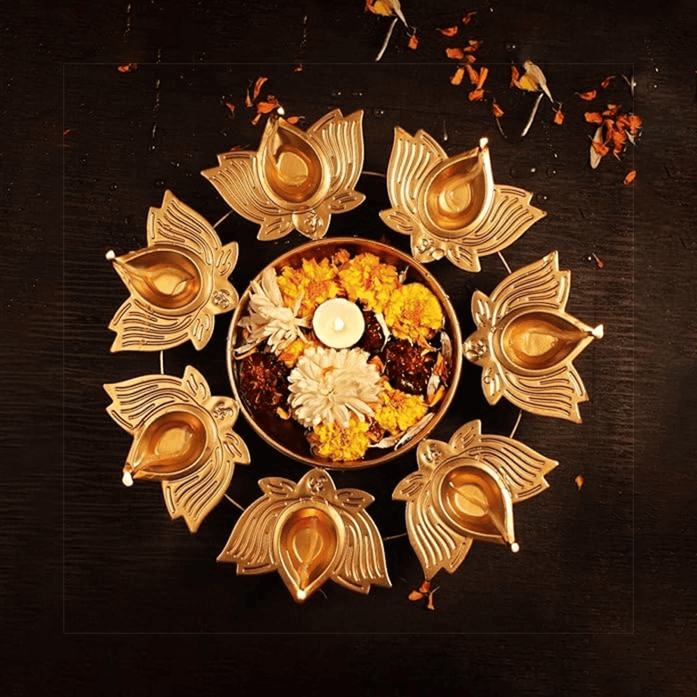 Festive Lotus Design Urli with Attached Diyas - Sohum