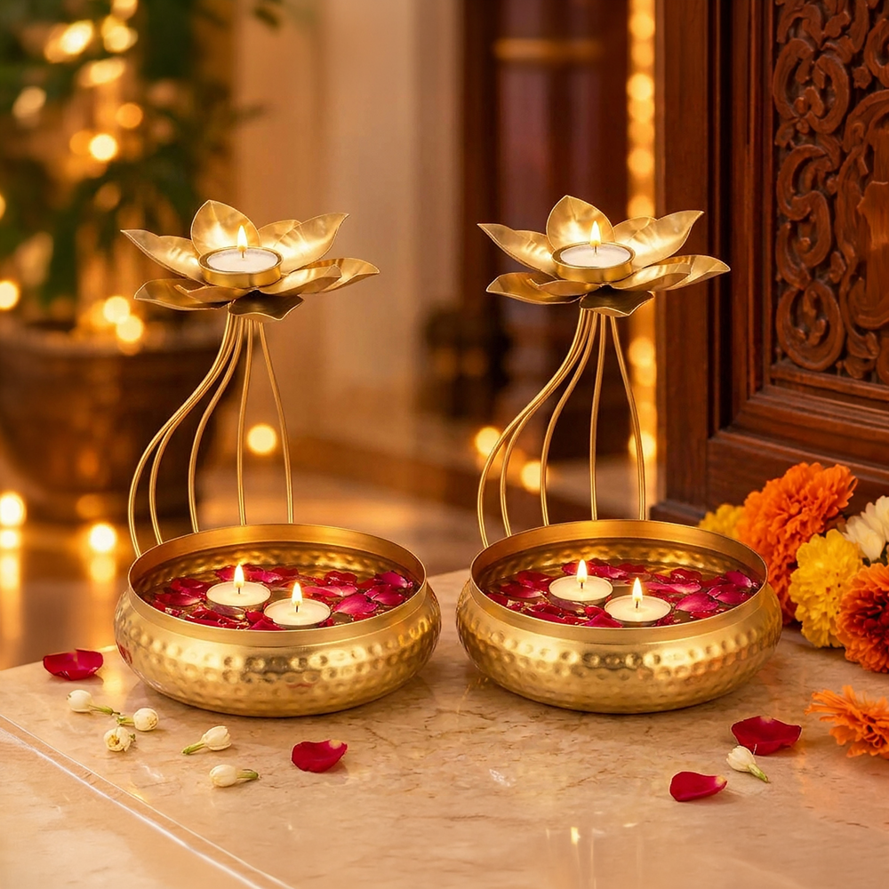Lotus Diya Standing Urli Bowl Set - Aksharveda