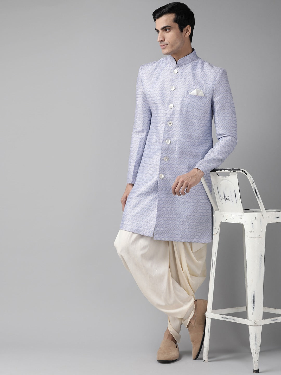 Vastramay Men's Lavender and Off-white Silk Blend Sherwani Set