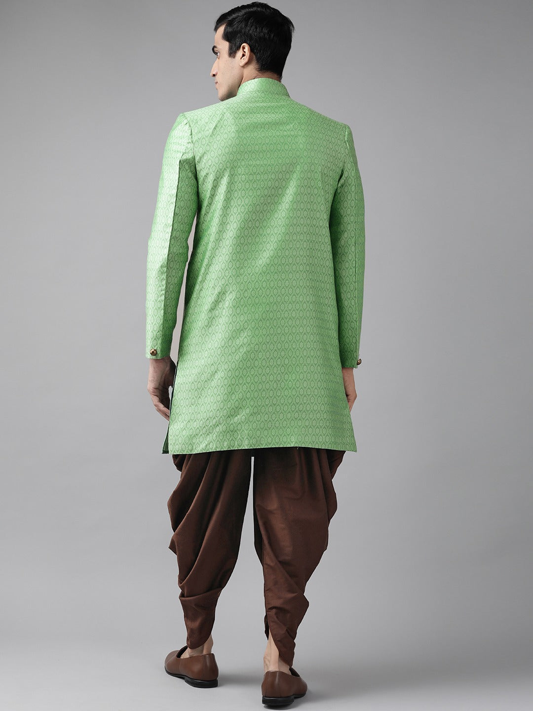 Vastramay  Men's Green And Coffee Silk Blend Sherwani Set