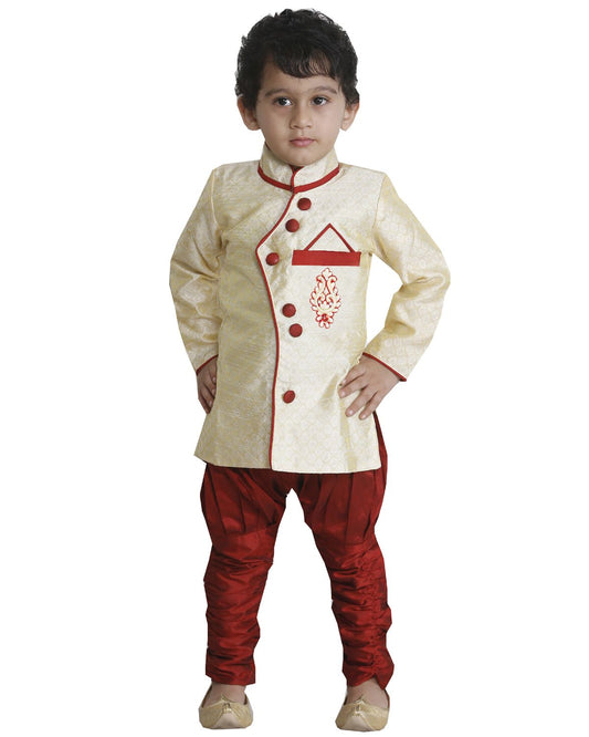 Vastramay Boys' Beige Cotton Silk Kurta and Breedges Set