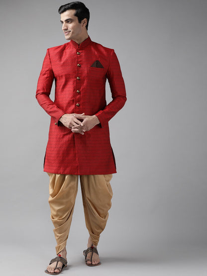 Vastramay Men's Maroon And Rose Gold Silk Blend Sherwani Set