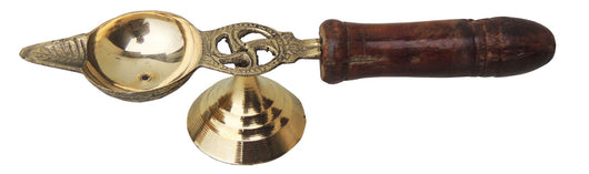 Brass Oil Lamp Deepak With Wooden Handle