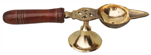 Brass Oil Lamp Deepak With Wooden Handle