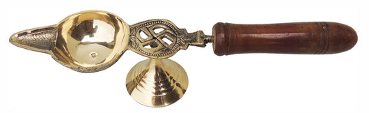 Brass Oil Lamp Deepak With Wooden Handle