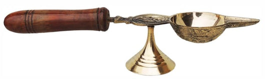 Brass Panch Aarti With Wood Handle