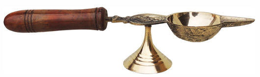 Brass Oil Lamp Deepak With Wooden Handle