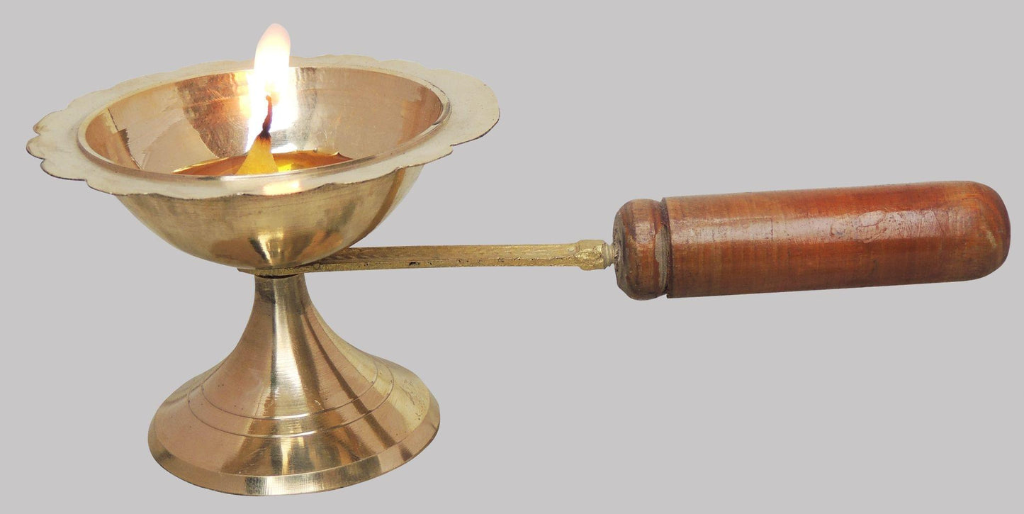 Brass Oil Lamp Deepak With Wooden Handle