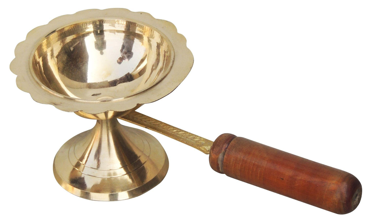 Brass Oil Lamp Deepak With Wooden Handle