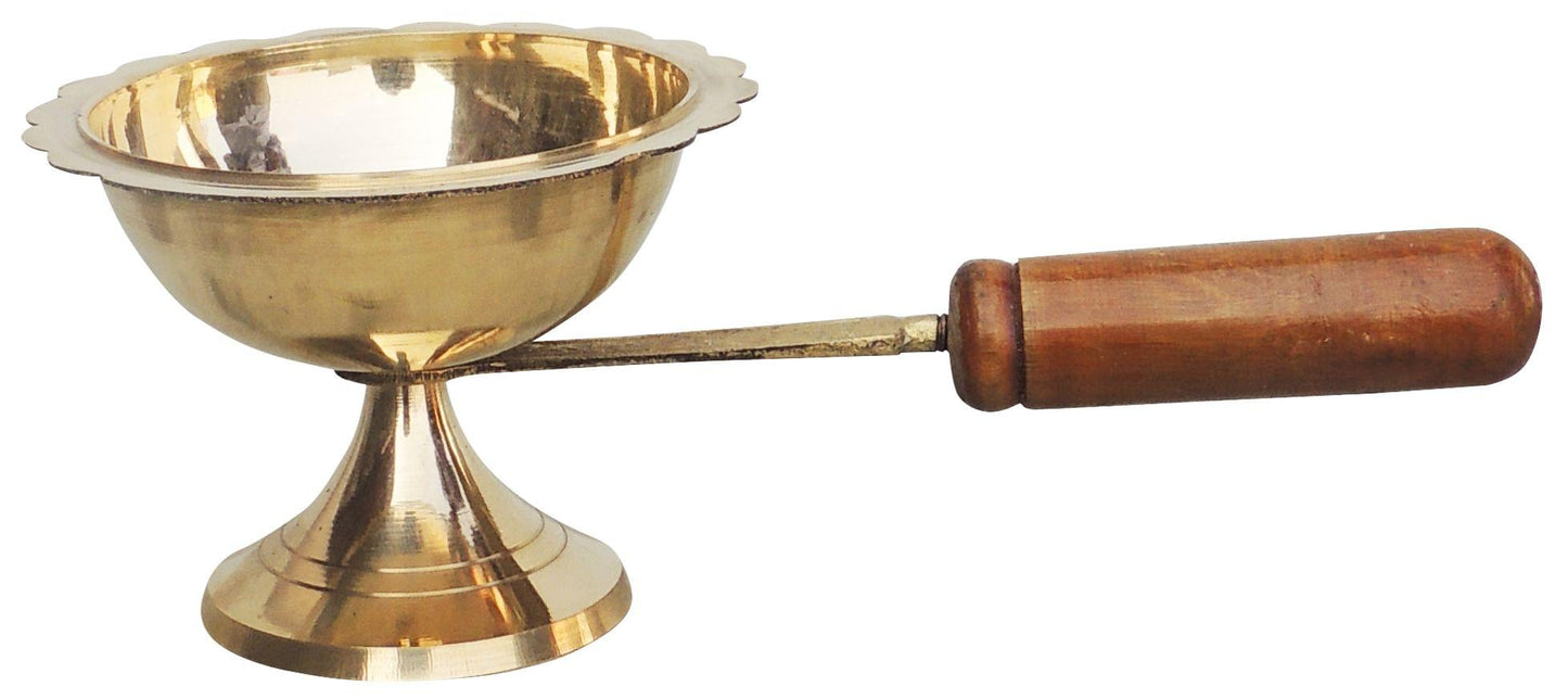 Brass Oil Lamp Deepak With Wooden Handle