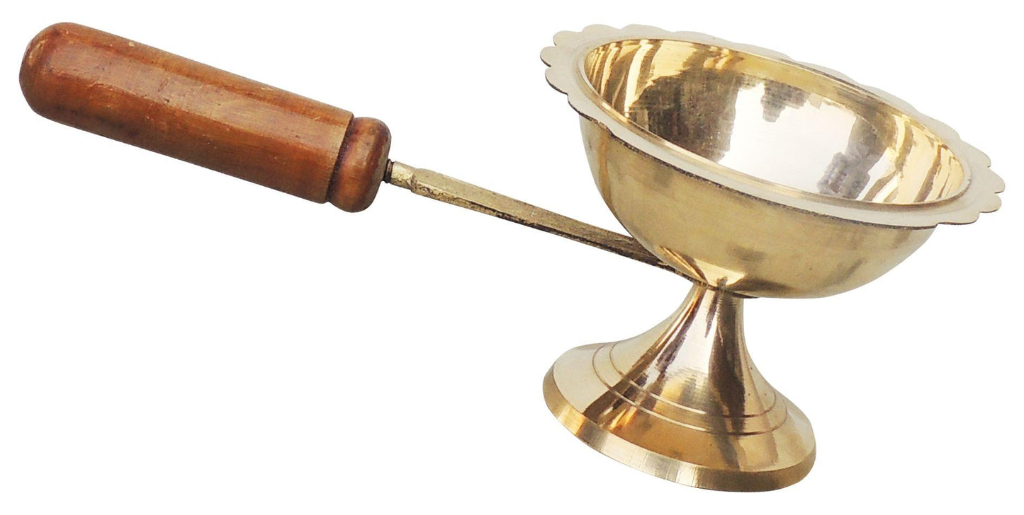 Brass Oil Lamp Deepak With Wooden Handle