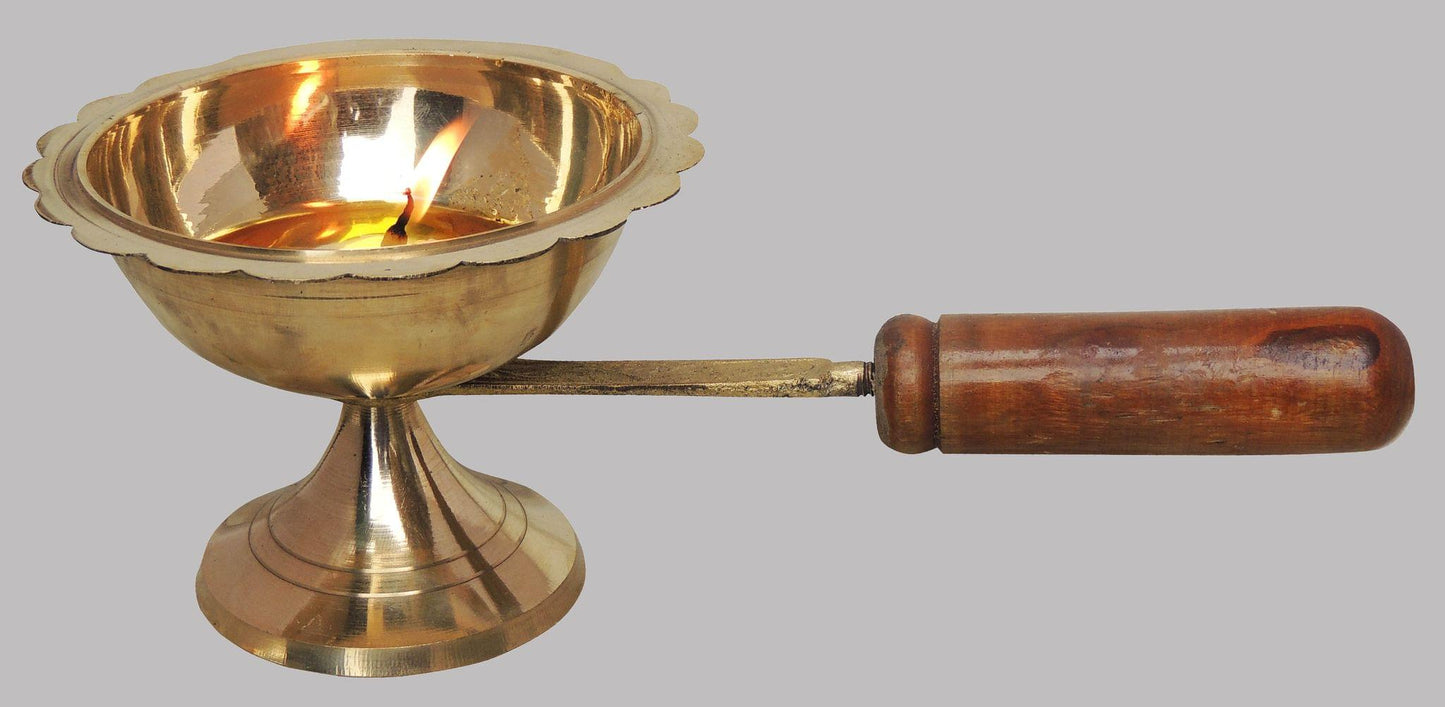 Brass Oil Lamp Deepak With Wooden Handle