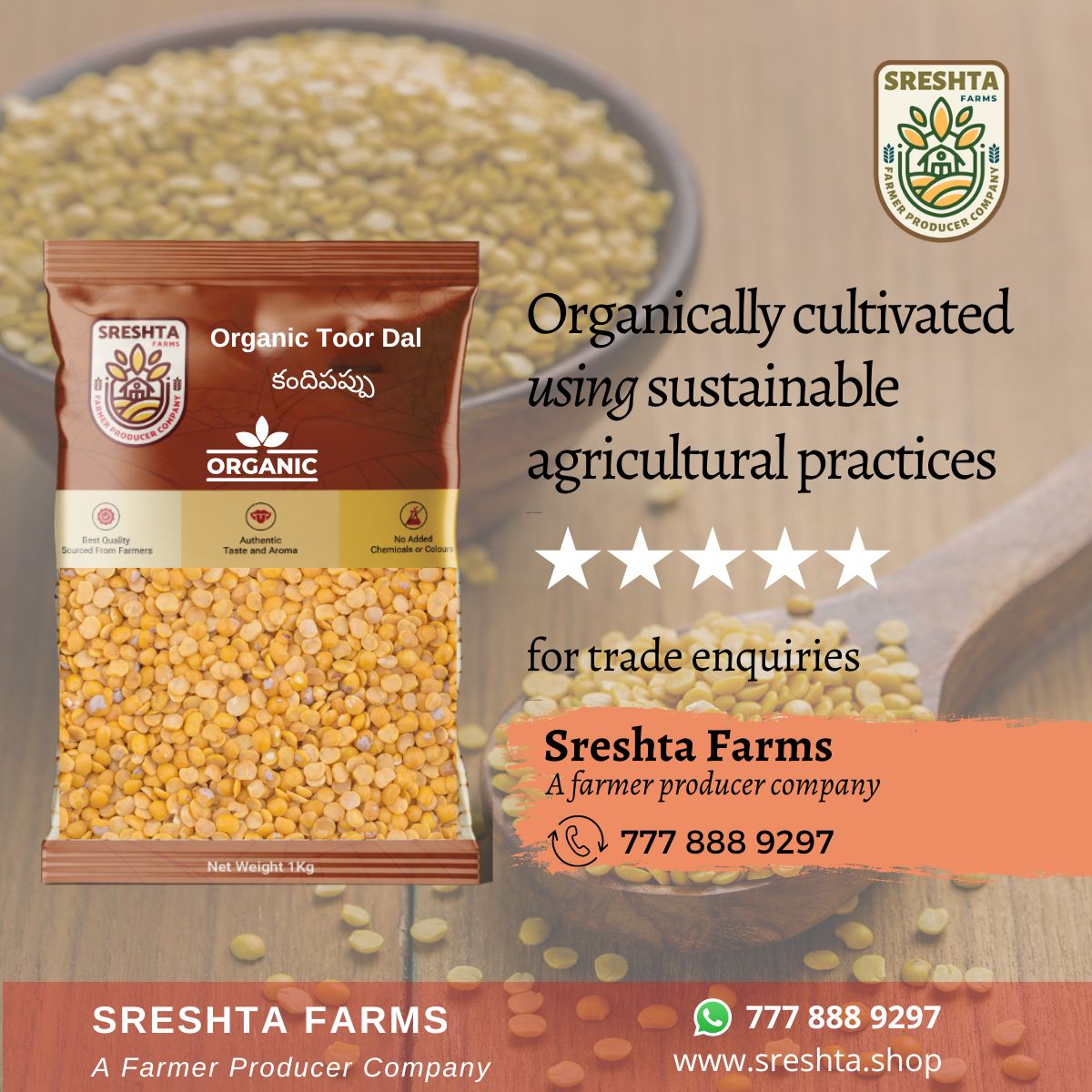 Sreshta farms Organic Toor Dal (Kandi Pappu) 