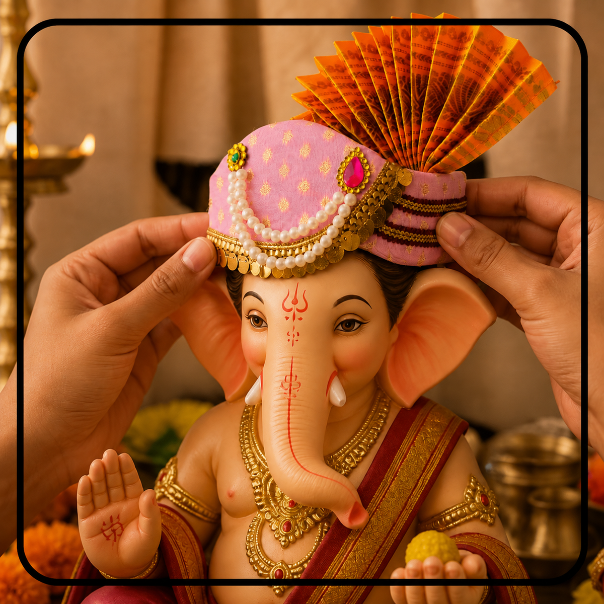 HALDI MEHENDI SHAADI Ganpati Mukut Ganesh Pheta Decoration Light pink