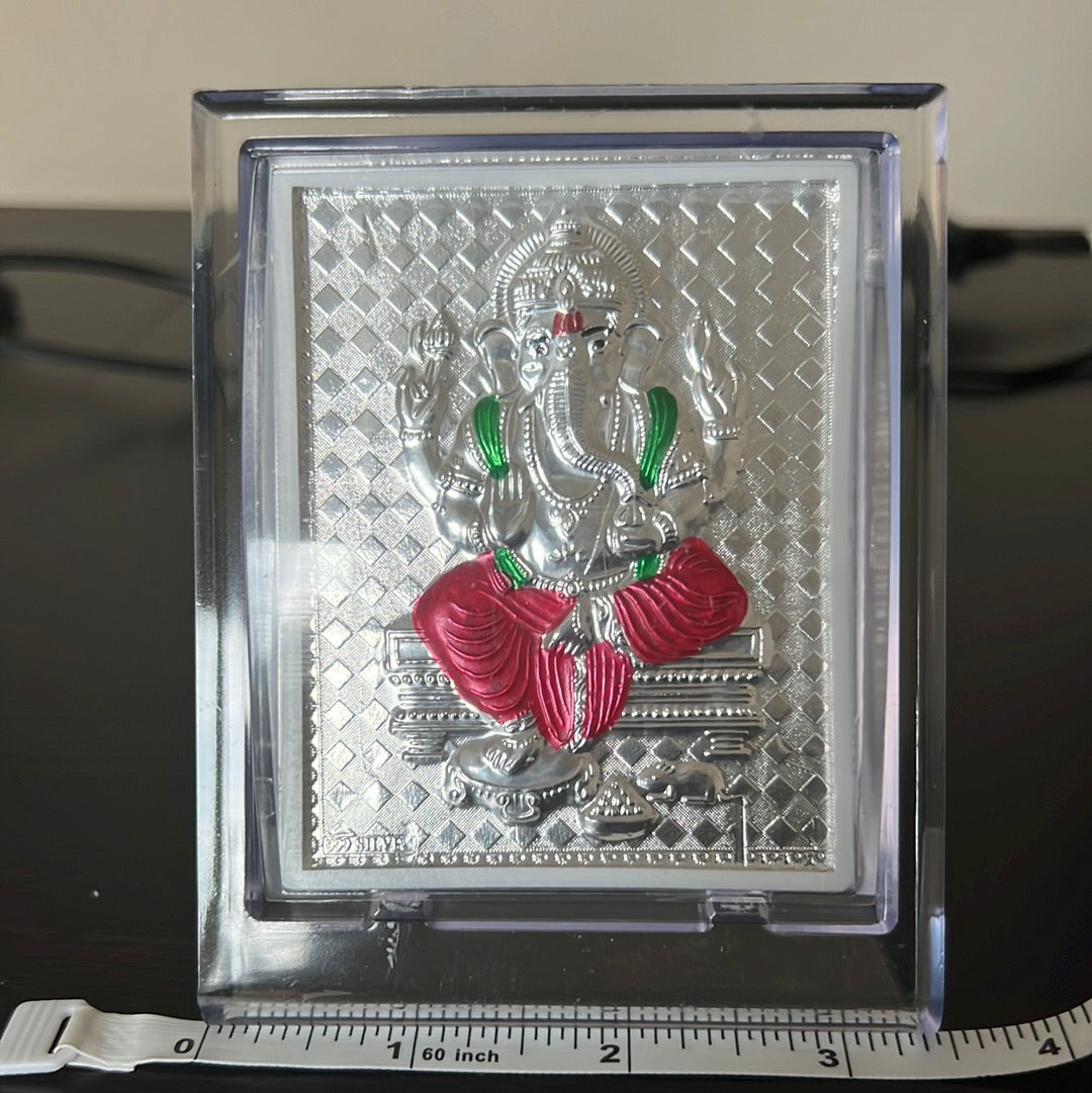 Pure Silver Foil Ganesha with Acrylic paint Picture Frame 4” 99% purity