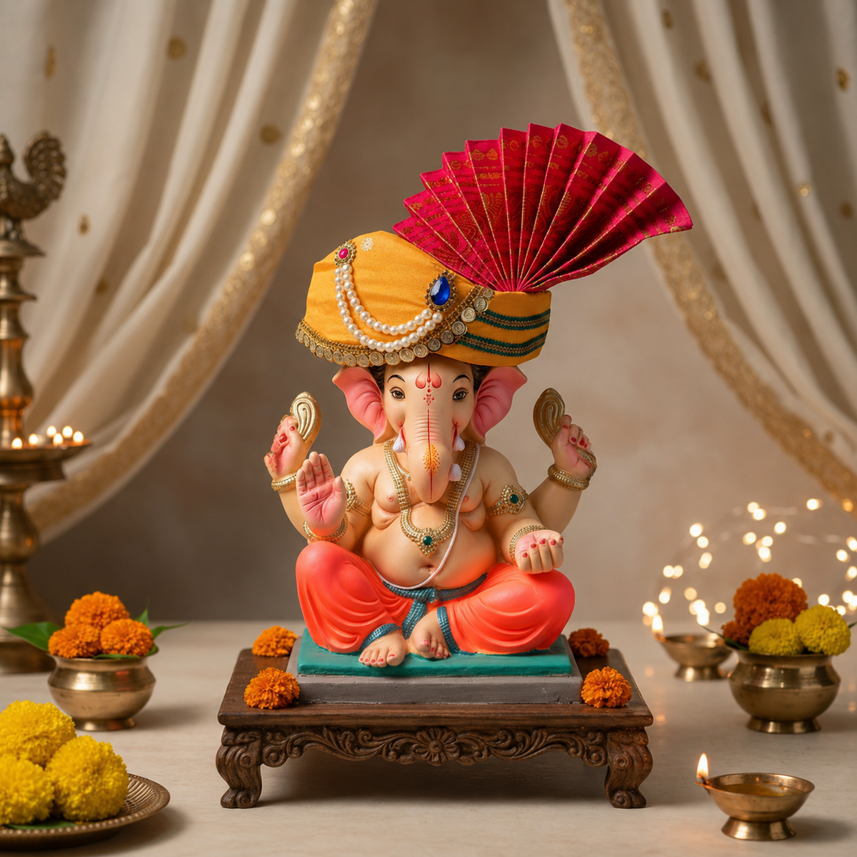 HALDI MEHENDI SHAADI Ganpati Mukut Ganesh Pheta Decoration Mango Yellow