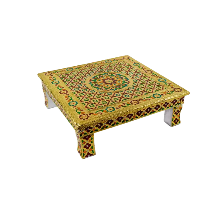 Angled view of wooden pooja chowki