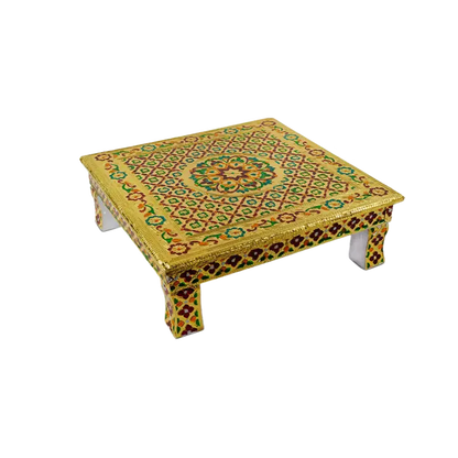 Angled view of wooden pooja chowki