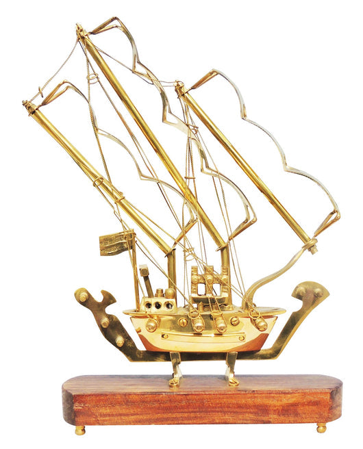 Brass Table Ship With Wooden Base