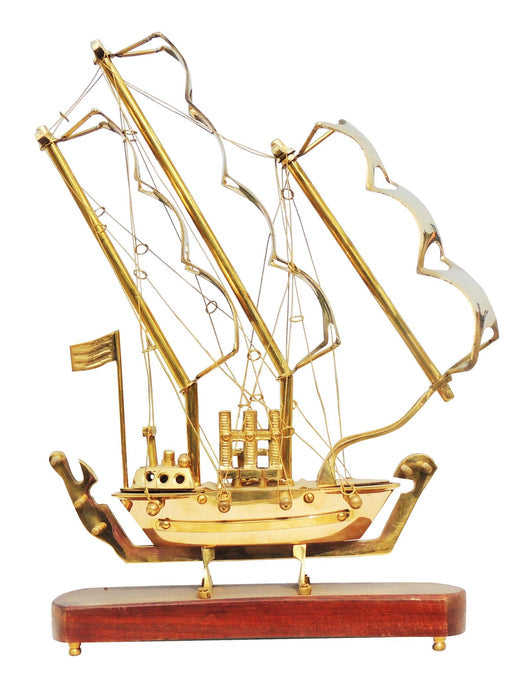 Brass Table Ship With Wooden Base