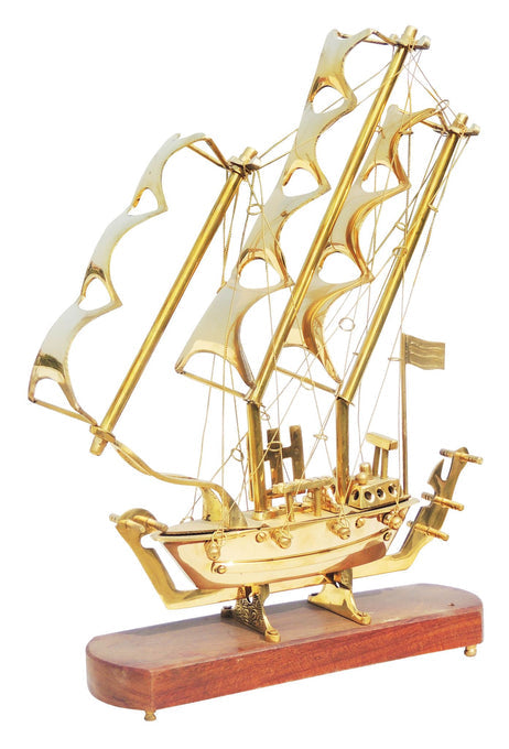 Brass Table Ship With Wooden Base