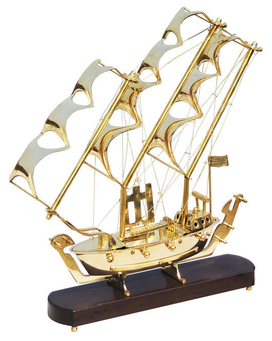 Brass Table Ship With Wooden Base