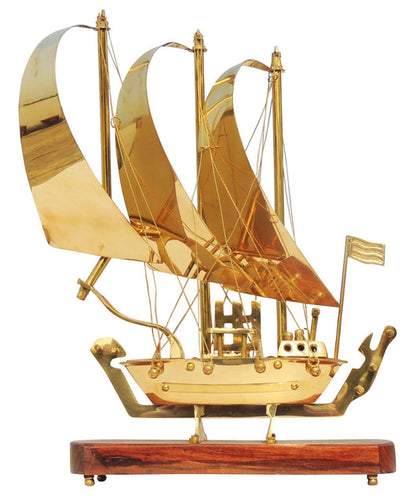 Brass Table Ship With Wooden Base