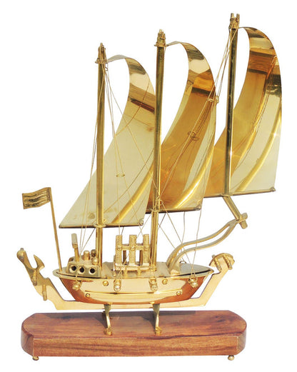 Brass Table Ship With Wooden Base