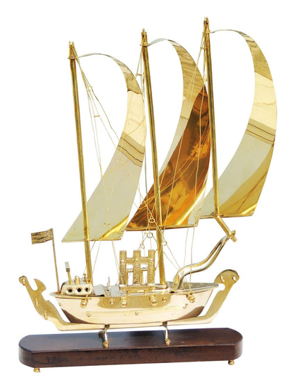 Brass Table Ship With Wooden Base