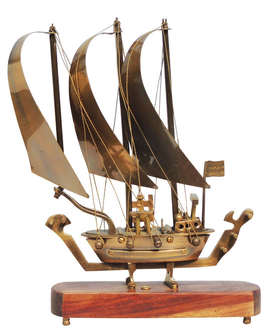 Brass Table Ship With Wooden Base