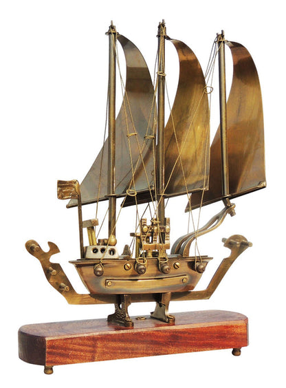 Brass Table Ship With Wooden Base