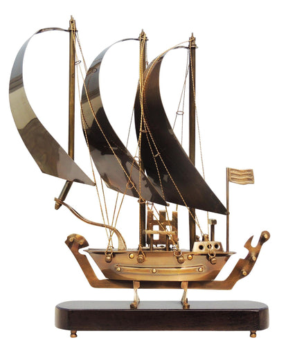 Brass Table Ship With Wooden Base