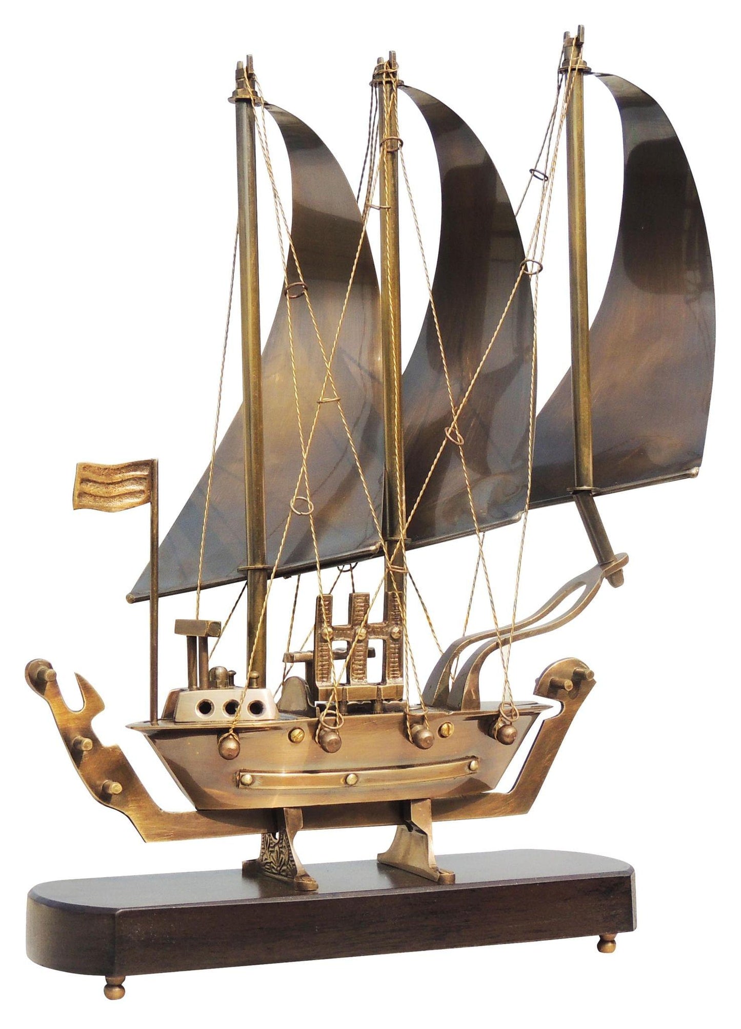 Brass Table Ship With Wooden Base