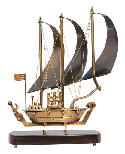 Brass Table Ship With Wooden Base