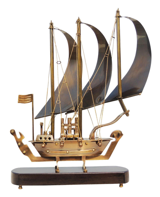 Brass Table Ship With Wooden Base