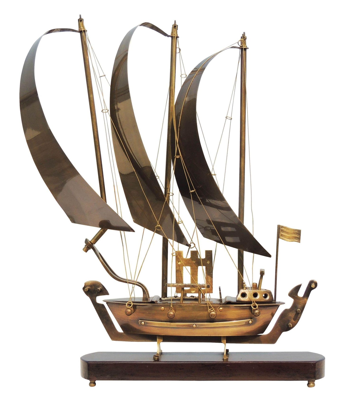 Brass Table Ship With Wooden Base