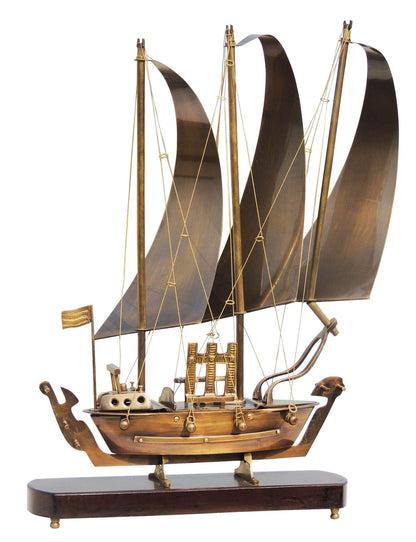 Brass Table Ship With Wooden Base