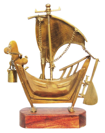 Brass Table Ship With Wooden Base